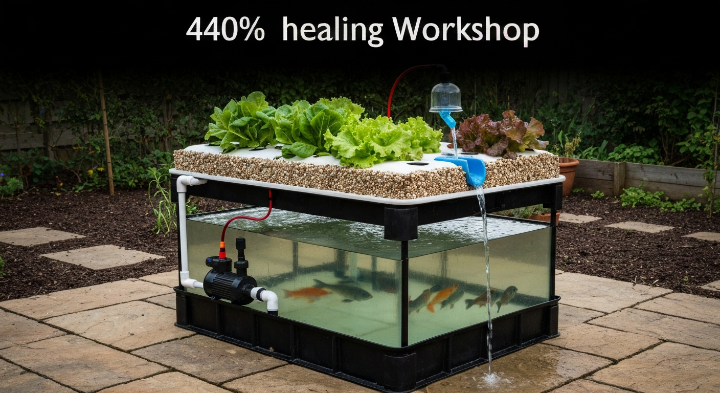 Backyard aquaponics workshop with IBC tote system, grow bed, and lettuce